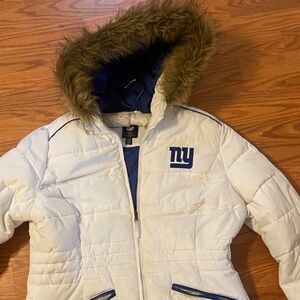 NFL White and Blue Puffer Jacket with Fur Hood